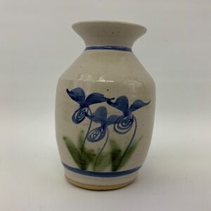Down To Earth Pottery Blue Iris Floral Flower Vase Franklin Maine Hand Made USA